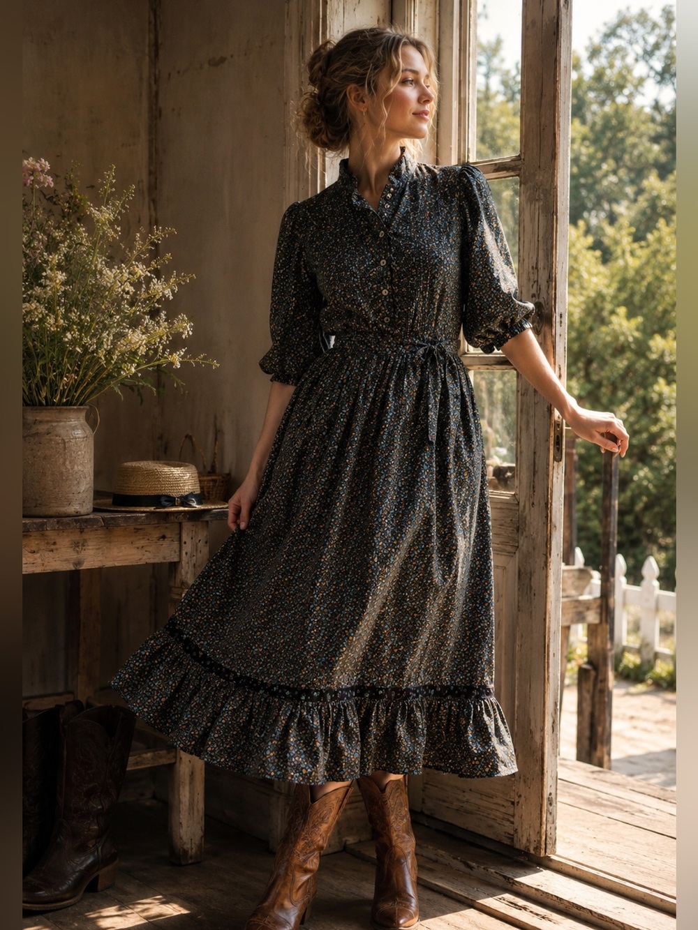 Byer Too! Vintage Black Floral Cotton Prairie 7 Dress Cottagecore  Western Boho